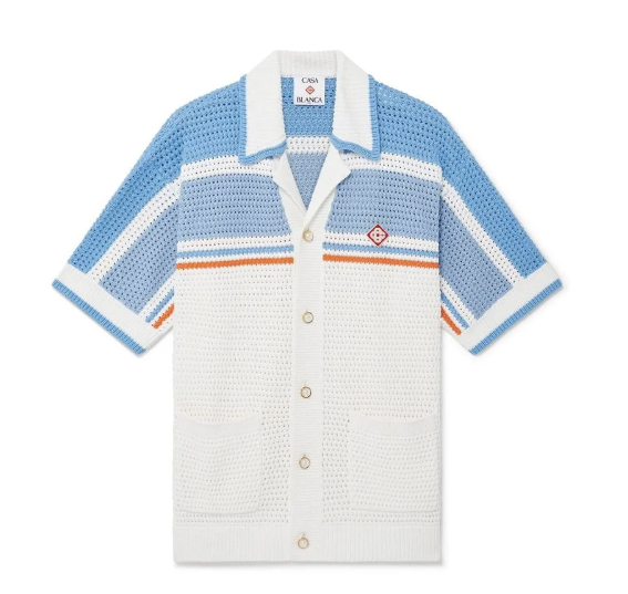 CASABLANCA Tennis Cotton Crochet Short Sleeve Shirt blue/white/orange
