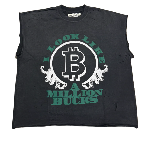 Satoshi Nakamoto 'Million Bucks' Washed Black Cutoff Tee