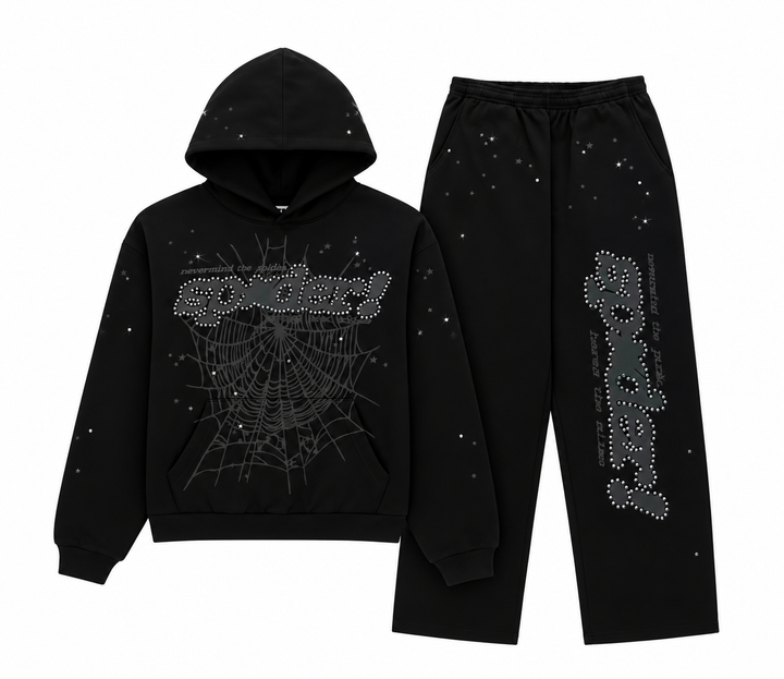 Sp5der Rhinestone Punk V2 Sweatpant Set Blk