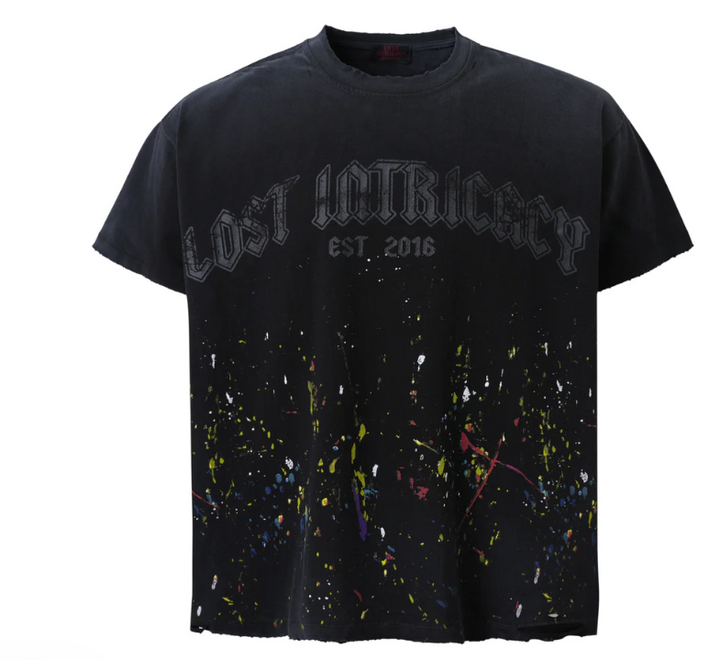 Lost Intricacy Black Arch Logo Rainbow Splatter Short Sleeve Shirt